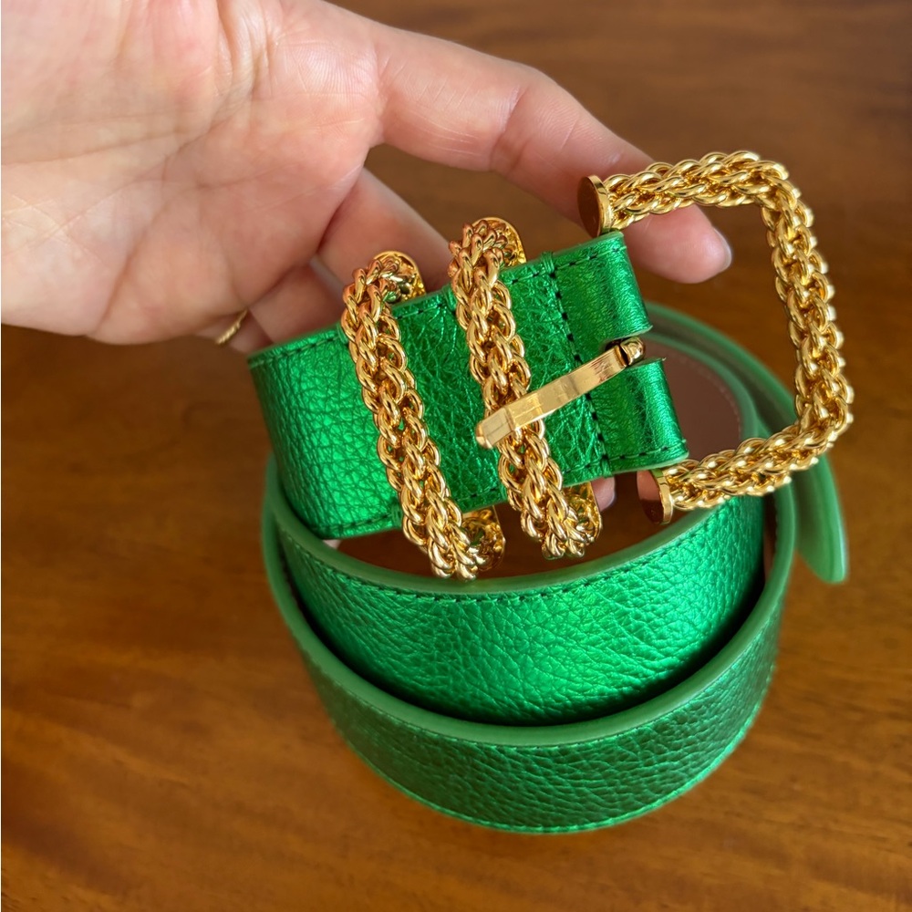 By Far Green Metallic Leather Belt with Gold Chain Buckle